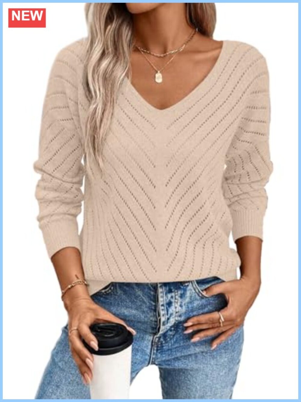 V Neck Long Sleeve Knit Hollow Out Crochet Sweater Pullover